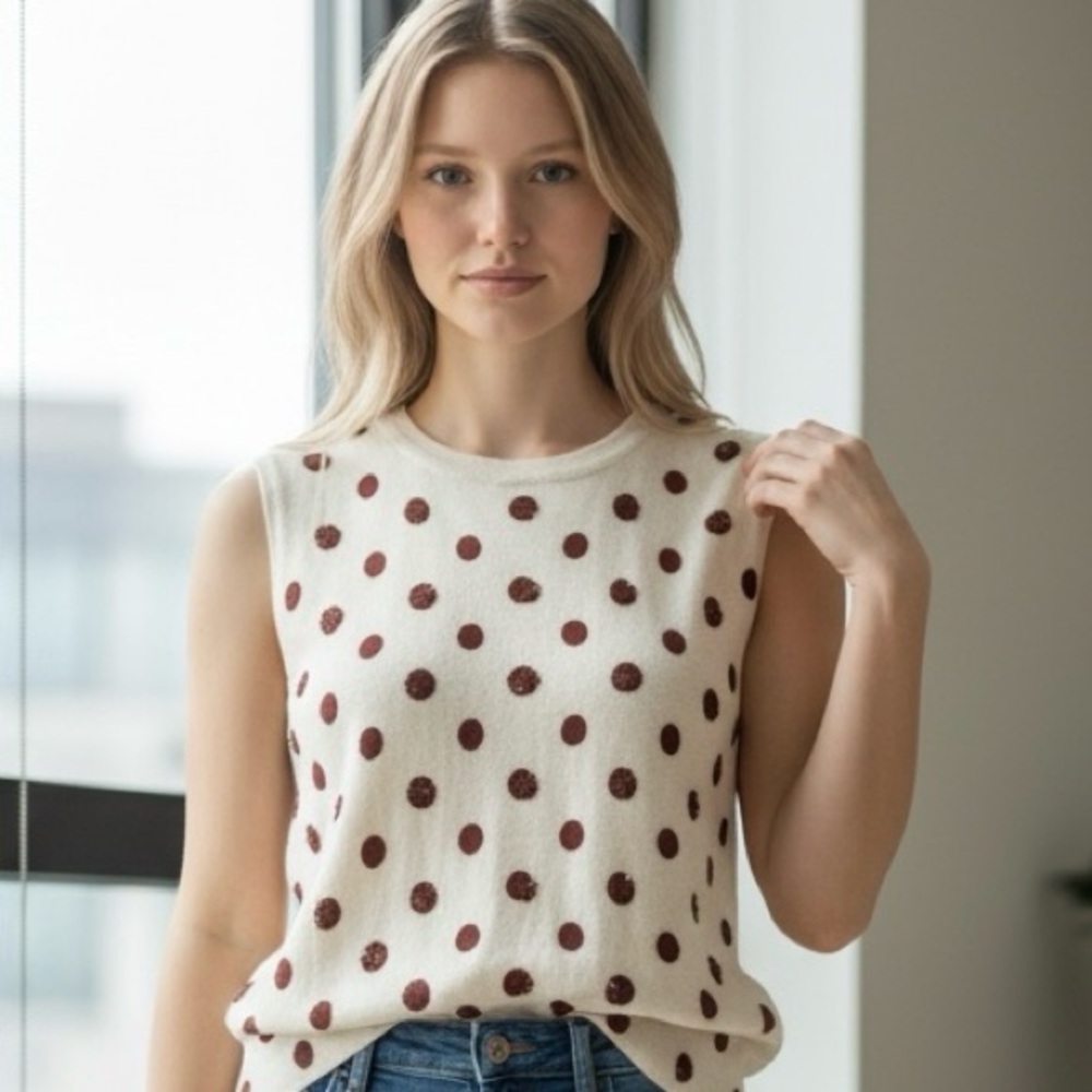 J. Crew Cream Tank Top Vest with Red Sequin Polka Dots 100% Merino Wool Size L - Picture 1 of 14
